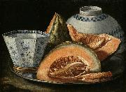 Cristoforo Munari, A Still-Life with Melon, an octagonal blue and white cup on a Silver Charger
